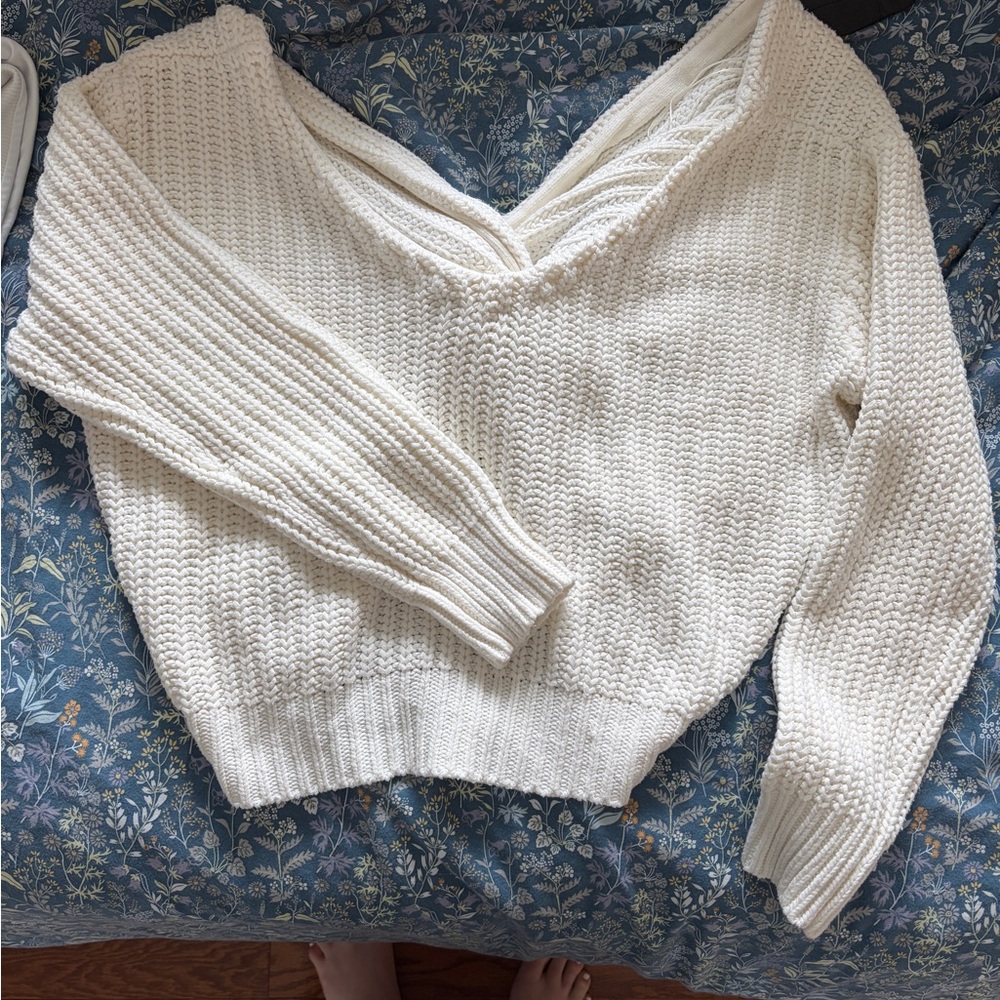White Slouchy V-Neck Sweater